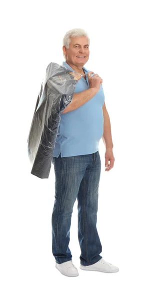 Senior Man Holding Hanger Jacket Plastic Bag White Background Dry — Stock Photo, Image