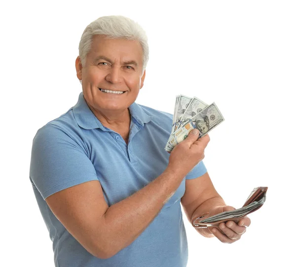Счастливый Пожилой Человек Деньгами Бумажником Белом Фоне — стоковое фото