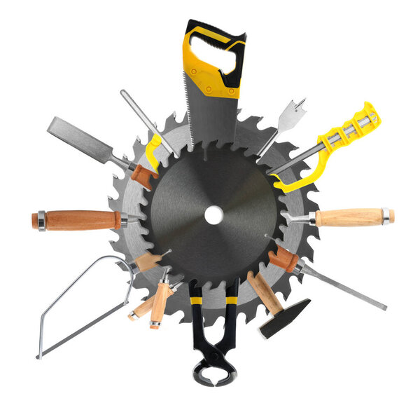 Collage with different modern carpenter's tools on white background