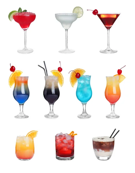 Set Mit Verschiedenen Leckeren Cocktails Auf Weißem Hintergrund — Stockfoto