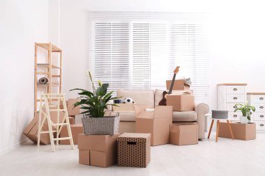 Oturma odasında karton kutular ve ev eşyaları. Taşınma günü