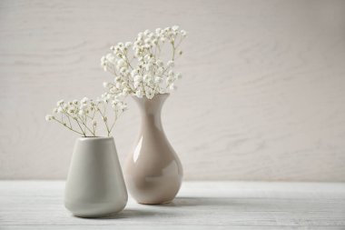 Masadaki vazolardaki çingene çiçekleri arka plandaki ışığa karşı. Metin için boşluk