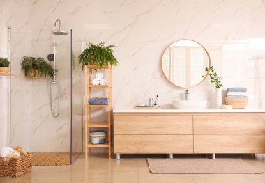 Stylish bathroom interior with countertop, shower stall and houseplants. Design idea
