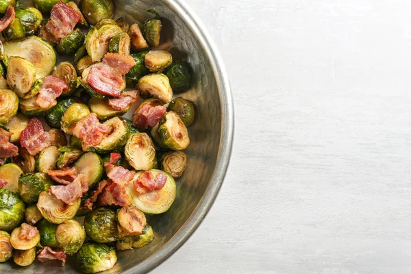 Roasted Brussels Sprouts Bacon White Wooden Table Top View Space — Stockfoto