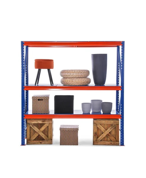 Bright Metal Shelving Unit Wooden Crates Different Household Stuff White — Stock Photo, Image