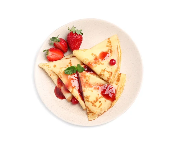Delicious Pancake Tipis Dengan Stroberi Dan Selai Diisolasi Pada Putih — Stok Foto