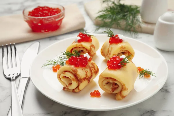 Delicious Thin Pancakes Red Caviar White Marble Table — Stock Photo, Image