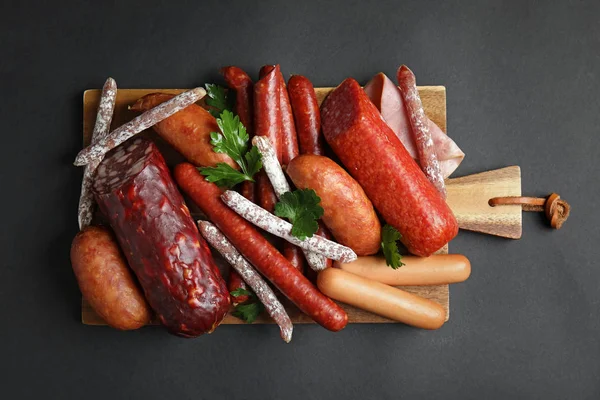 Different Types Sausages Served Black Background Top View — Stock Photo, Image