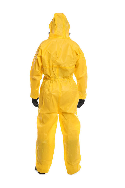 Man wearing chemical protective suit on white background, back view. Virus research