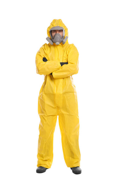 Man wearing chemical protective suit on white background. Virus research