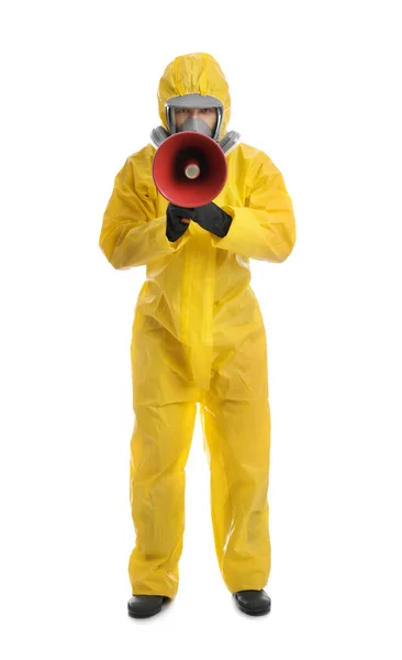 Man Wearing Chemical Protective Suit Megaphone White Background Prevention Virus — Stock Photo, Image