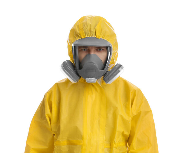 Man wearing chemical protective suit on white background. Prevention of virus spread
