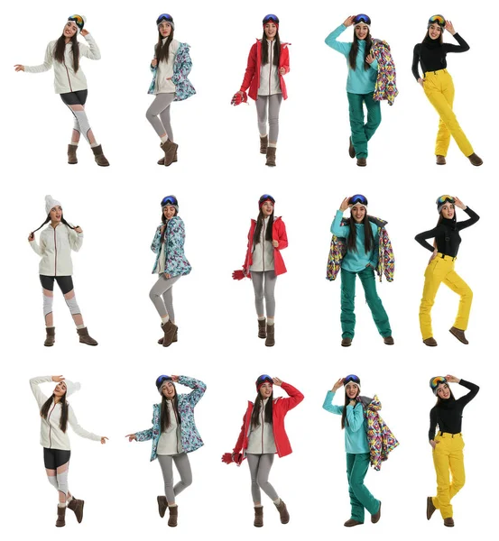 Collage Woman Wearing Winter Sports Clothes White Background — Stock Photo, Image