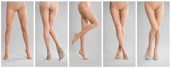 Κολάζ Γυναικών Κολάν Γκρι Φόντο Κοντά Στα Πόδια Σχεδιασμός Banner — Φωτογραφία Αρχείου