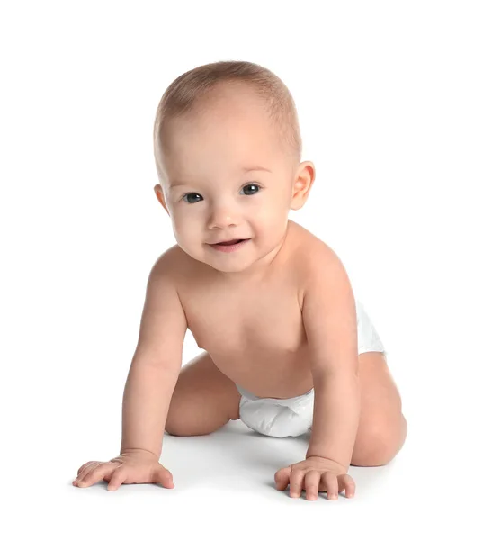Beyaz Arka Planda Bebek Bezi Takmış Şirin Bir Bebek — Stok fotoğraf