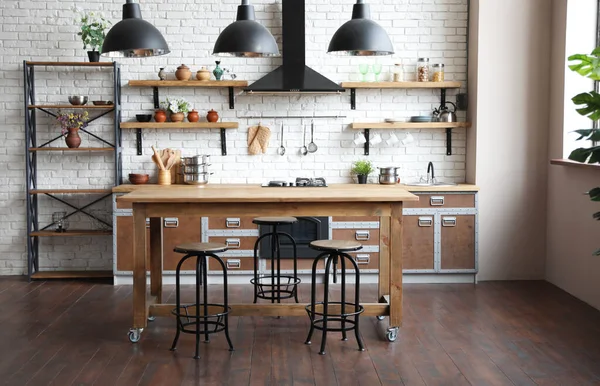 Красивий Інтер Кухні Новими Стильними Меблями — стокове фото