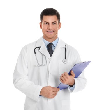 Beyaz arka planda panosu olan doktor portresi