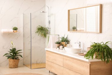 Stylish bathroom interior with countertop, shower stall and houseplants. Design idea