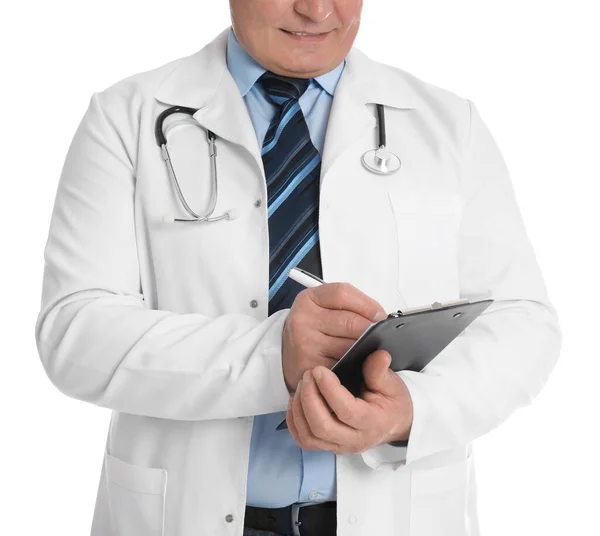 Senior Doctor Clipboard White Background Closeup — 스톡 사진