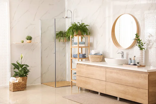 Stilvolles Badezimmer Mit Arbeitsplatte Duschkabine Und Zimmerpflanzen Gestaltungsidee — Stockfoto