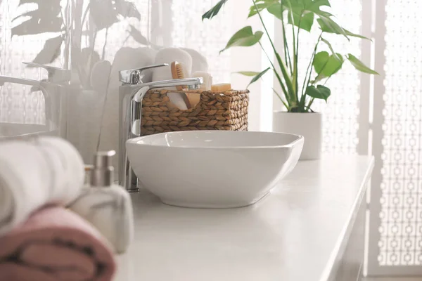 Stylish Vessel Sink Light Countertop Modern Bathroom — Stock Photo, Image