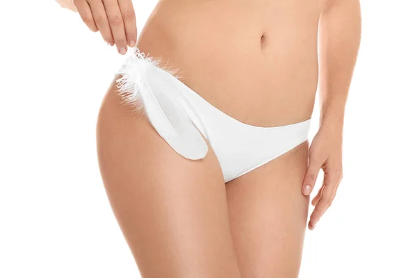 Woman Feather Showing Smooth Skin White Background Closeup Brazilian Bikini — 스톡 사진