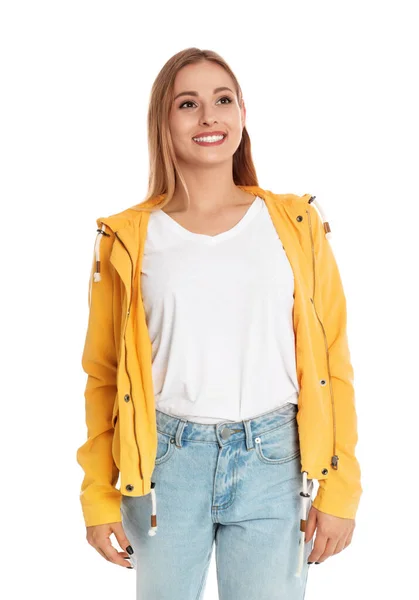 Mooie Vrouw Casual Outfit Witte Achtergrond — Stockfoto