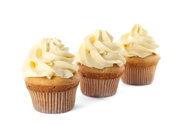 Delicious Birthday Cupcakes Decorated Cream White Background — 스톡 사진