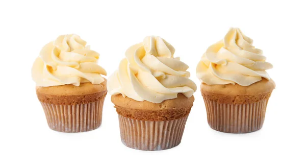 Deliciosos Cupcakes Aniversário Decorados Com Creme Fundo Branco — Fotografia de Stock