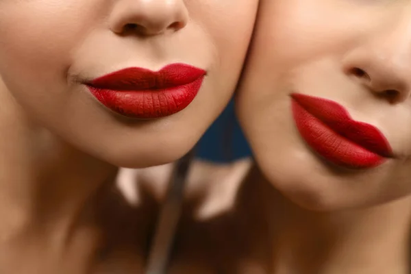 Beautiful Woman Red Lipstick Mirror Closeup Stock Photo
