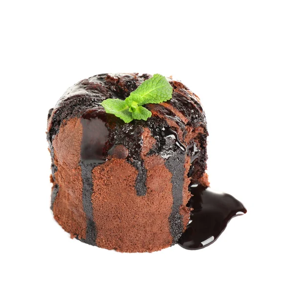 ホワイトにミントが閉じ込められたおいしい暖かいチョコレート溶岩ケーキ — ストック写真