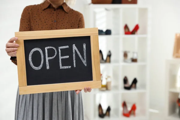 Female Business Owner Holding Open Sign Boutique Closeup Space Text — Stock Photo, Image