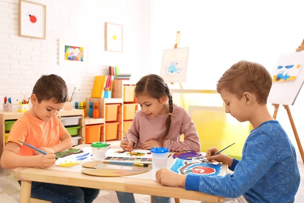 Cute Little Children Painting Table Room — Stock Photo, Image