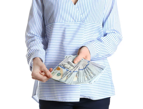 Woman Bribe Money White Background Closeup — Stock Photo, Image