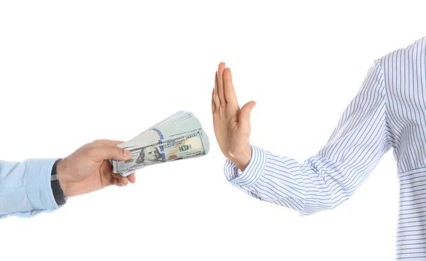 Woman Refusing Take Bribe White Background Closeup Hands — Stock Photo, Image