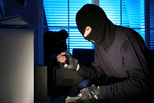 Thieves Taking Money Out Steel Safe Indoors Night — 스톡 사진