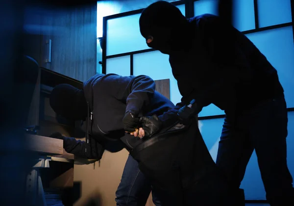 Thieves Taking Gold Bars Out Steel Safe Indoors Night — 스톡 사진