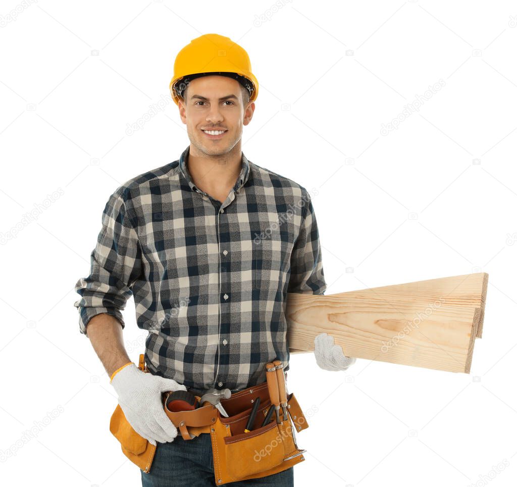 Handsome carpenter with wooden planks isolated on white