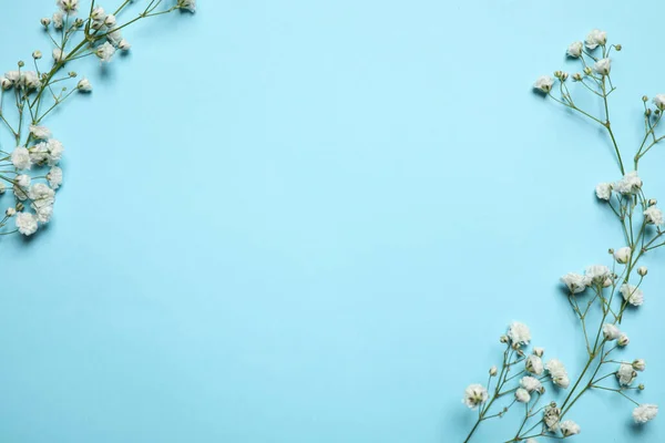 Piękna Kompozycja Kwiatowa Cygańskimi Kwiatami Jasnoniebieskim Tle Płaska Leżanka Miejsce — Zdjęcie stockowe
