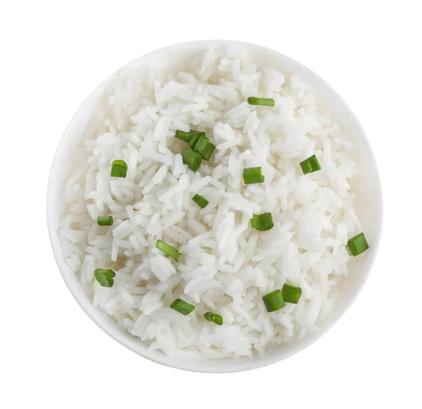 Tigela Com Arroz Cozido Isolado Branco Vista Superior — Fotografia de Stock