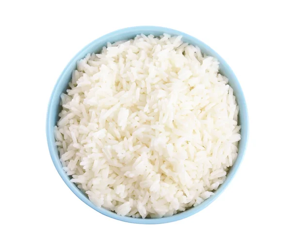 Tigela Com Arroz Cozido Isolado Branco Vista Superior — Fotografia de Stock