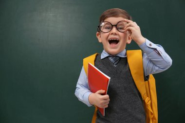 Funny little child wearing glasses near chalkboard, space for text. First time at school