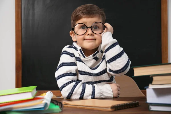 Cute Little Child Wearing Glasses Desk Classroom First Time School — ストック写真