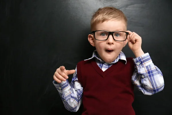 Cute Little Child Wearing Glasses Chalkboard First Time School — Stockfoto