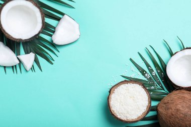 Flat lay composition with fresh coconut flakes on turquoise background. Space for text