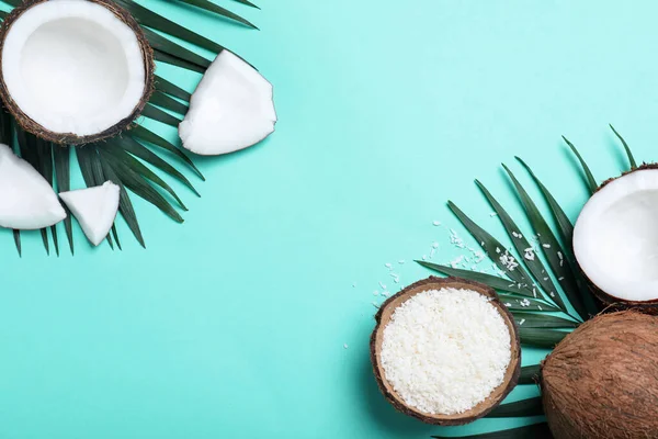 Flat Lay Composition Fresh Coconut Flakes Turquoise Background Space Text — 스톡 사진