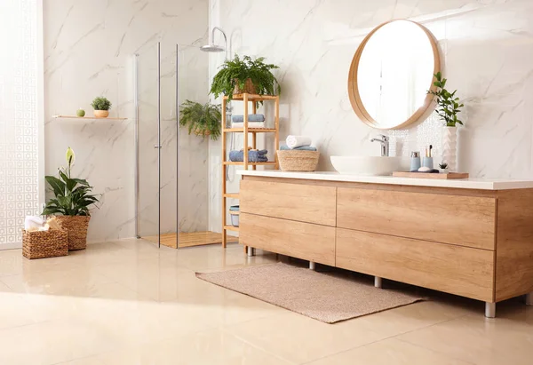 Stilvolles Badezimmer Mit Arbeitsplatte Duschkabine Und Zimmerpflanzen Gestaltungsidee — Stockfoto