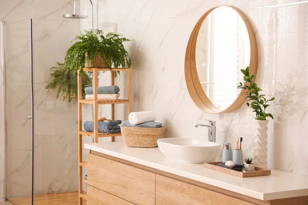 Stylish Bathroom Interior Countertop Shower Stall Houseplants Design Idea — 스톡 사진