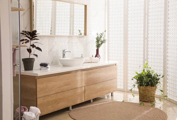 Interior Elegante Banheiro Com Bancada Espelho Plantas Idéia Projeto — Fotografia de Stock