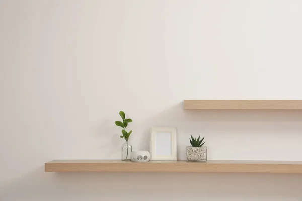 Wooden Shelves Plants Photo Frame Light Wall — Stock Photo, Image
